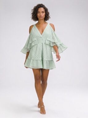 $355 Retail 🔥 Light Marine Green Stevie May eyelet mini dress with frills detail